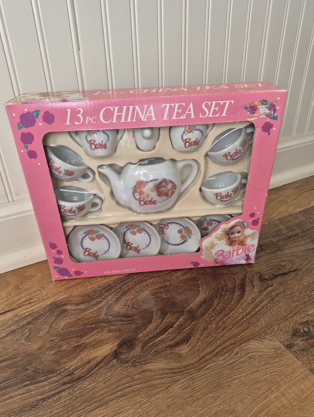 Vintage 1992 Barbie Pink and White 13-Piece China Tea Set